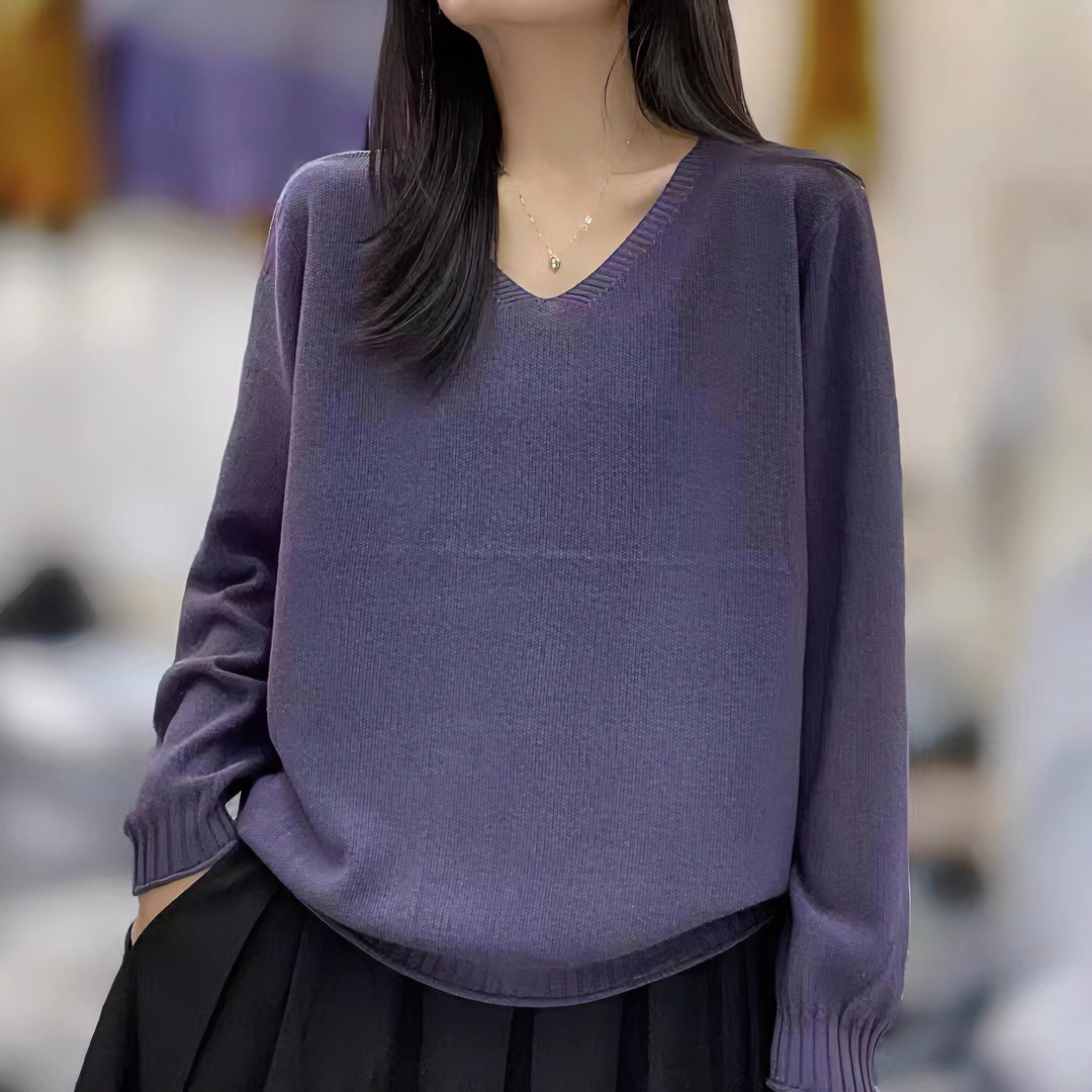V领长袖针织衫秋季时尚百搭气质纯色V领秋冬套头纯色显瘦宽松