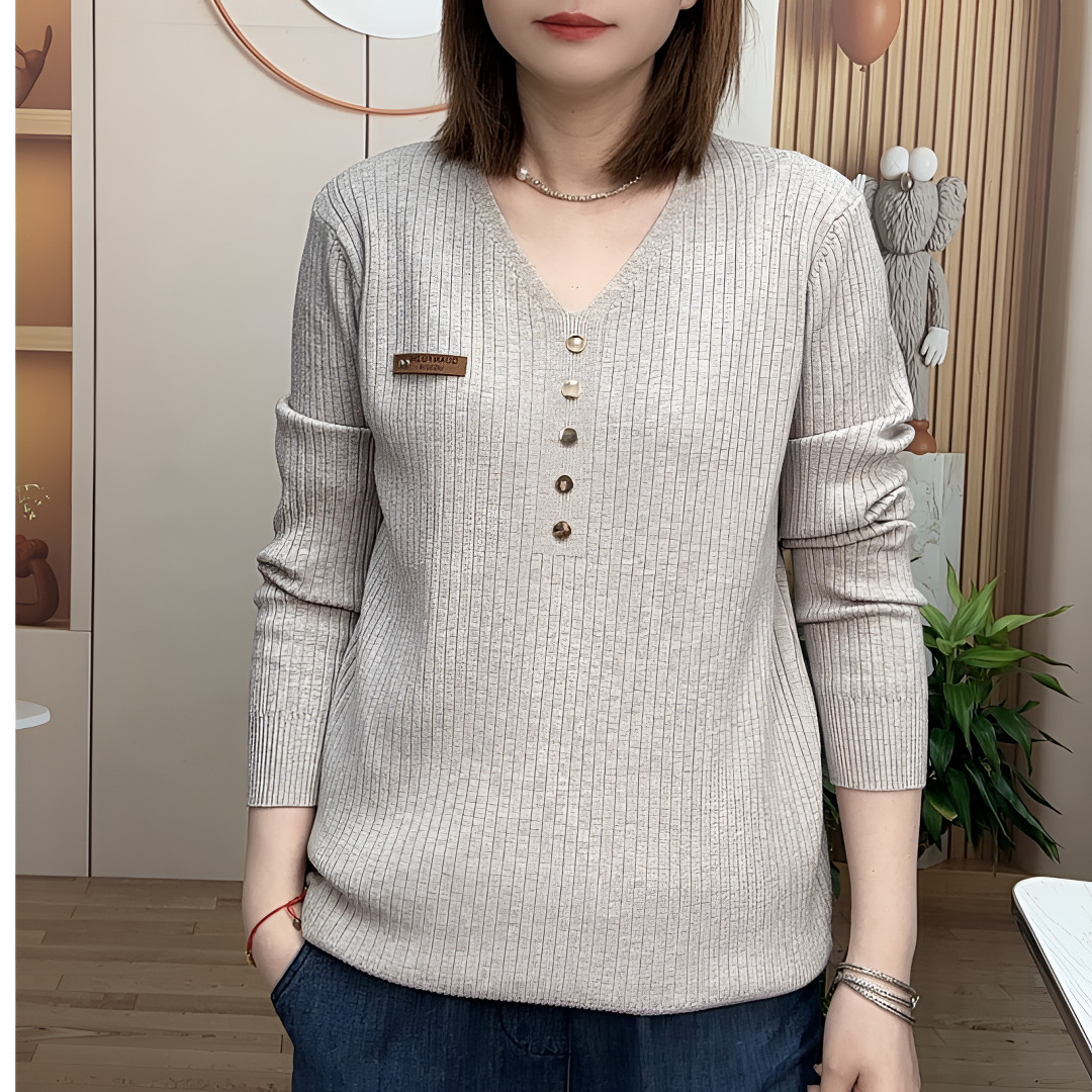 宽松铜扣V领秋冬长袖针织衫气质时尚休闲百搭气质蓝色时尚套头