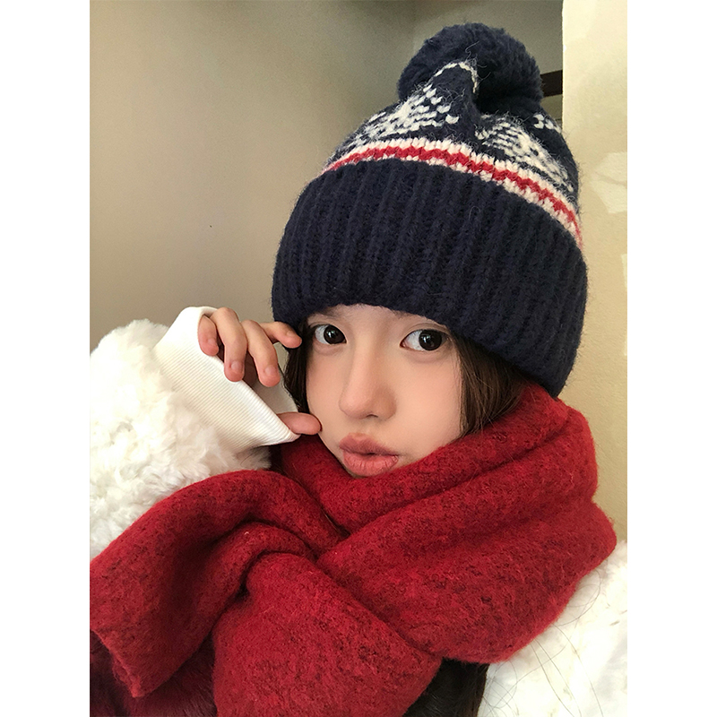 2024复古费尔岛风毛线帽子女冬季加厚保暖针织帽日系可爱护耳冷帽