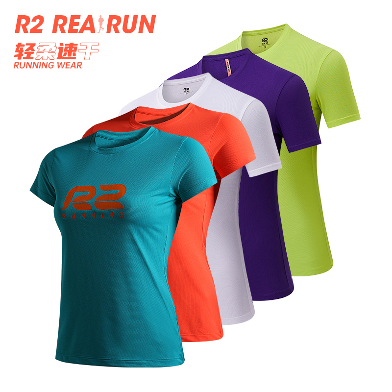 R2REALRUN哑光纱透气男女跑步T恤轻质快干夏季夜视健身女款运动服