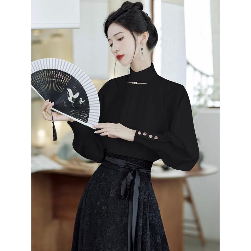 2023新款秋冬季搭配马面裙的上衣新中式国风立领对襟加绒衬衫女装