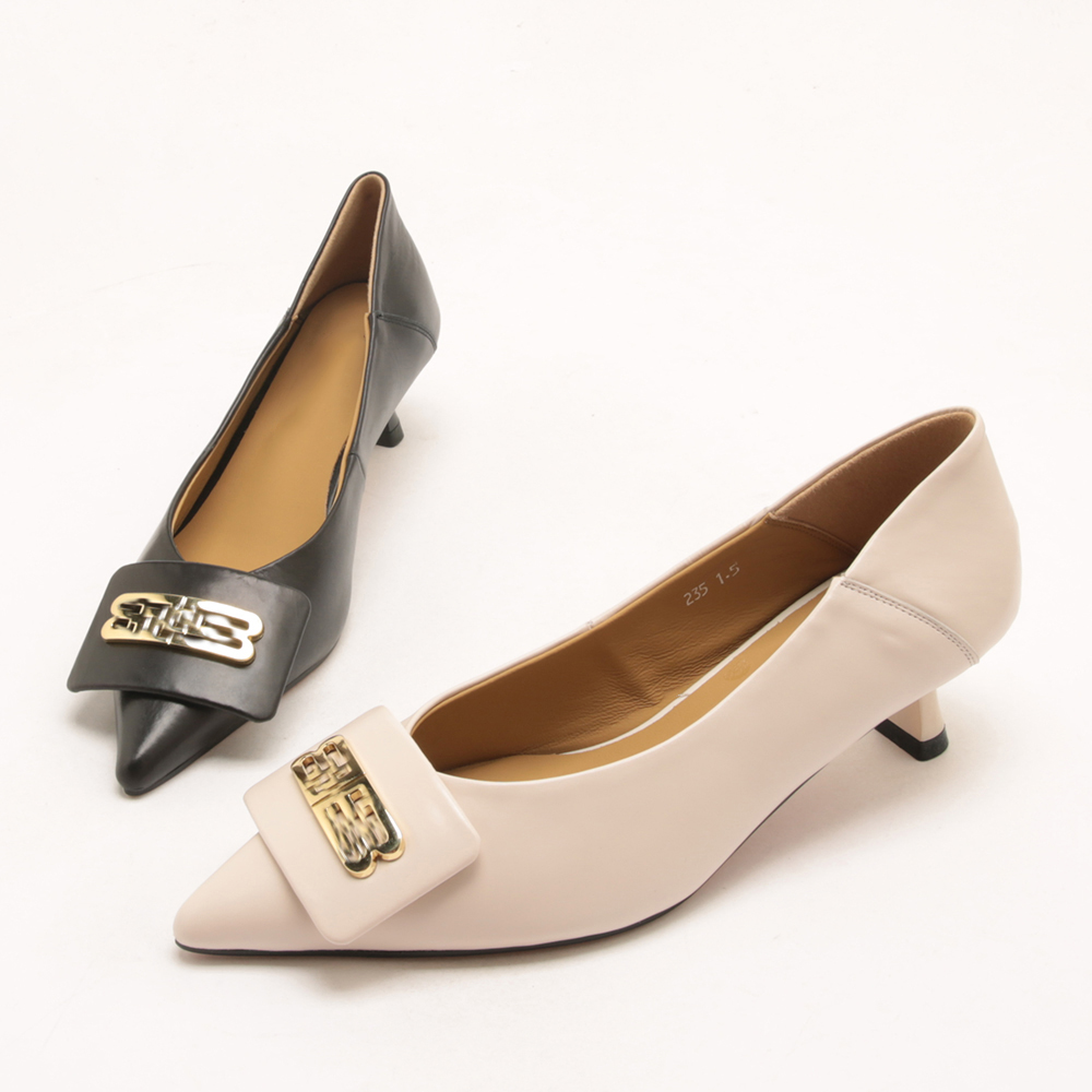 新款轻奢金属扣浅口尖头单鞋低跟通勤后跟可踩女鞋657