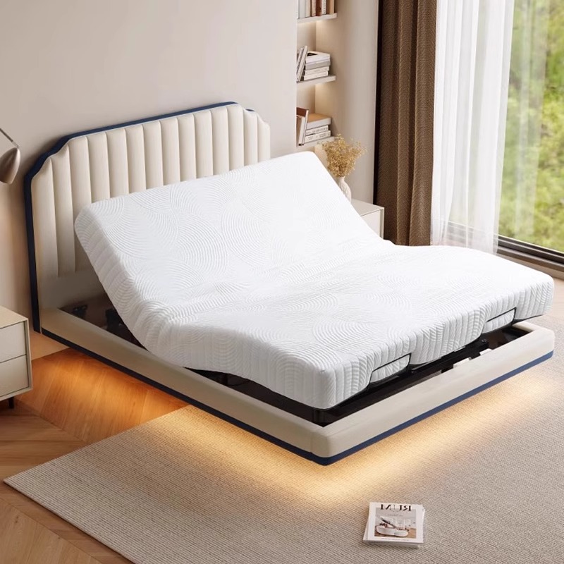 真皮智能床2024新款简约现代奶油风主卧床可升降悬浮床1.8m电动床