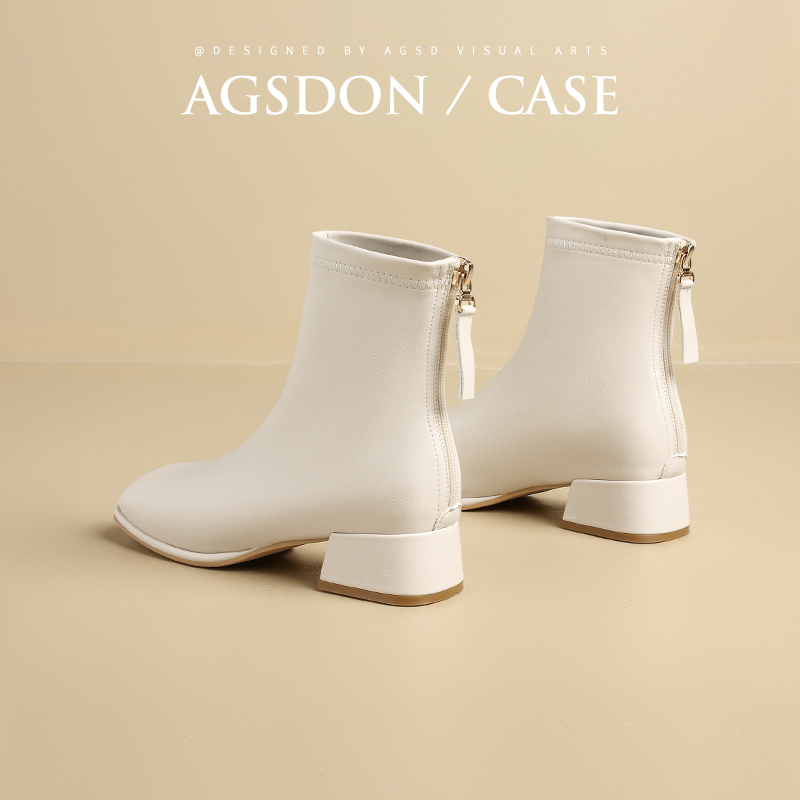 奥古狮登白色加绒切尔西短靴女2025新款秋冬方头厚底瘦瘦保暖短靴