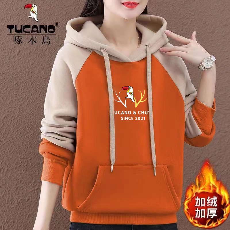 加绒 啄木鸟正品2024冬季新款休闲宽松显瘦拼接卫衣百搭连帽上衣