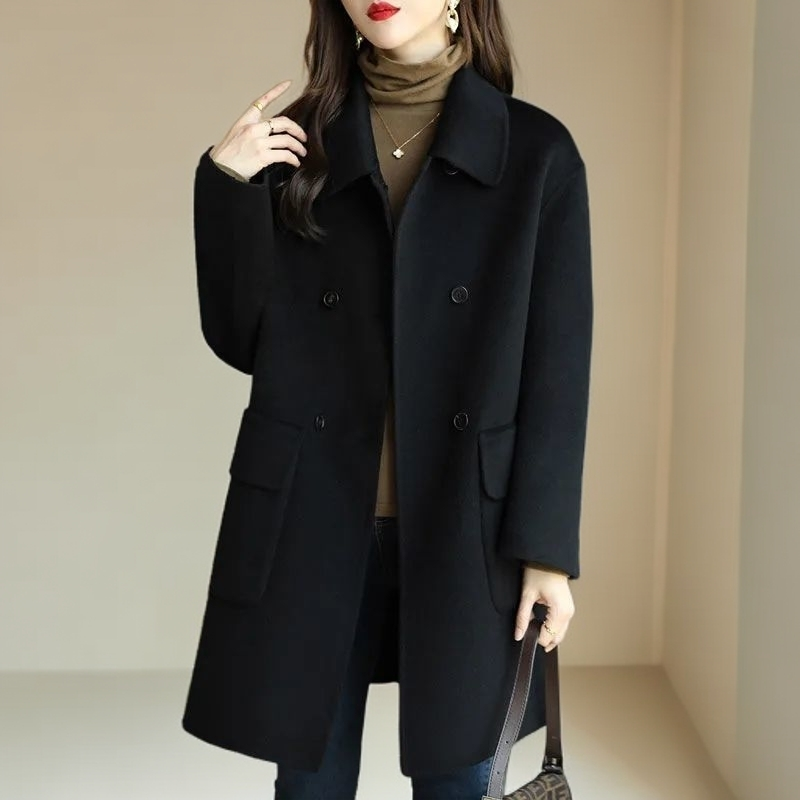 纯色2025秋冬新款韩版宽松中长款毛呢外套女双排扣显瘦呢子大衣