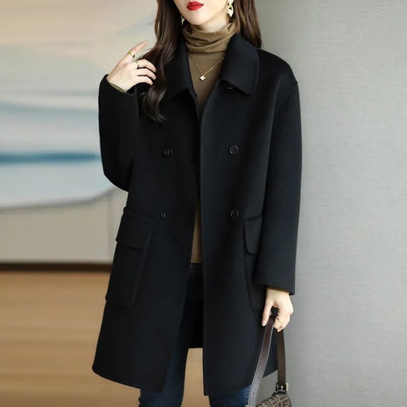 重工显瘦大码黑色毛呢大衣中长款宽松双排扣毛呢外套女秋冬