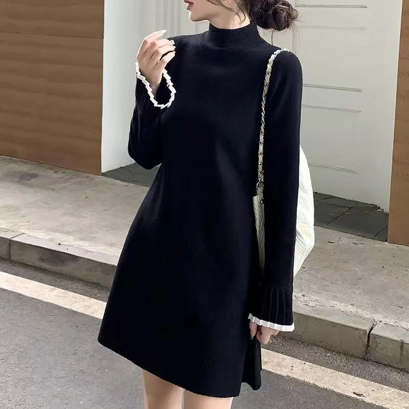 秋冬新款内搭针织连衣裙女小黑裙中长款打底小个子A字毛衣裙