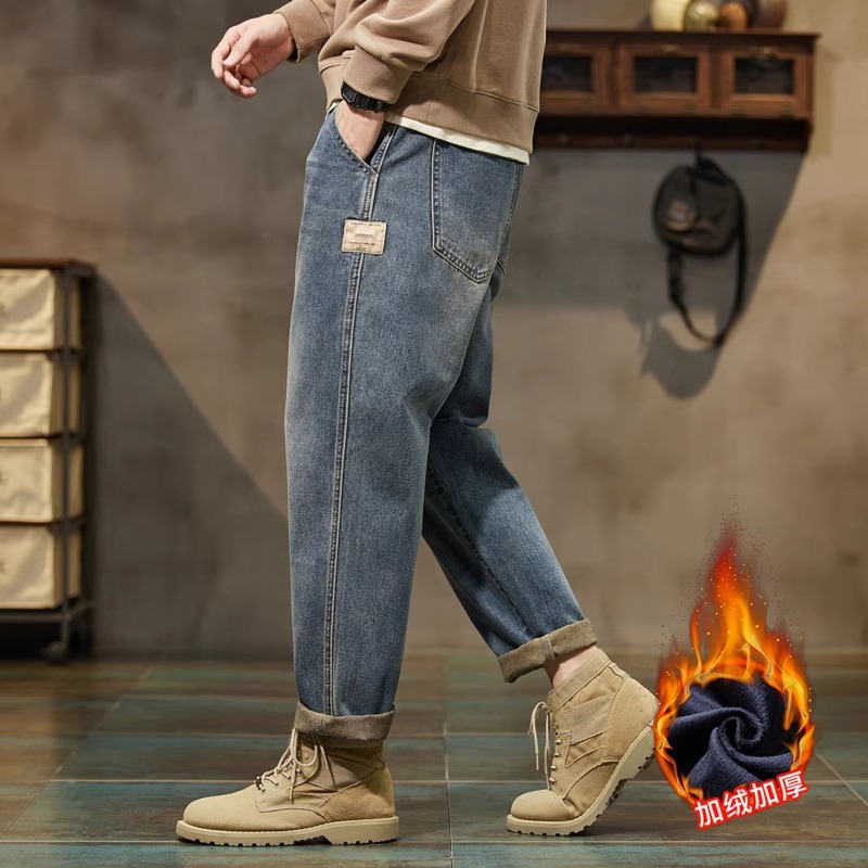 O.U.W美式复古牛仔裤男休闲宽松直筒冬季加绒加厚裤子秋冬款新款