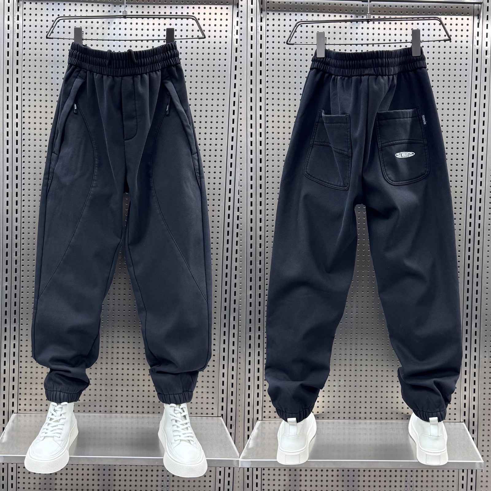 潮牌美式痞帅百搭工装裤男士2024秋冬加绒宽松显瘦纯色束脚哈伦裤