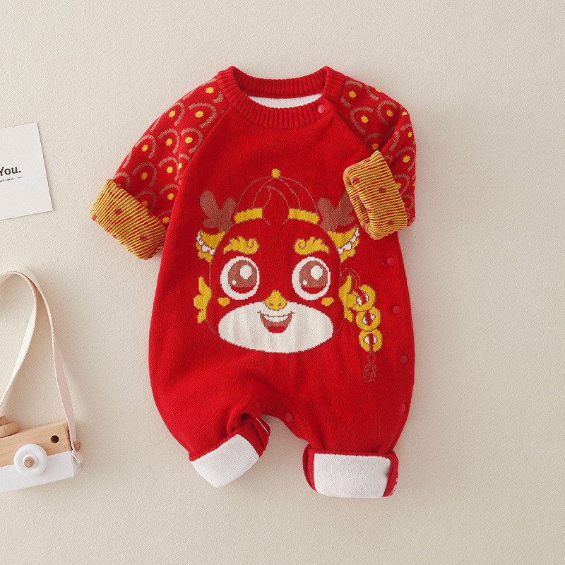 婴儿冬季连体衣新生儿a类宝宝拜年服男女宝宝红色秋冬百天爬爬服