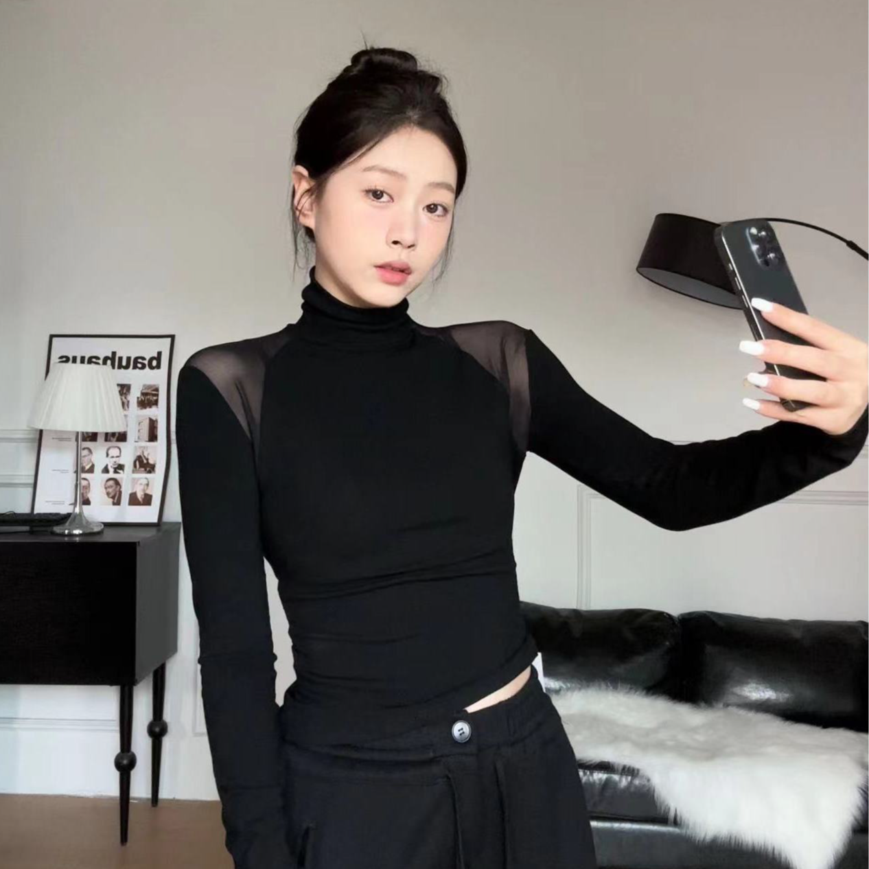 黑色网纱拼接加绒高领T恤女秋装修身内搭保暖打底衫短款长袖上衣