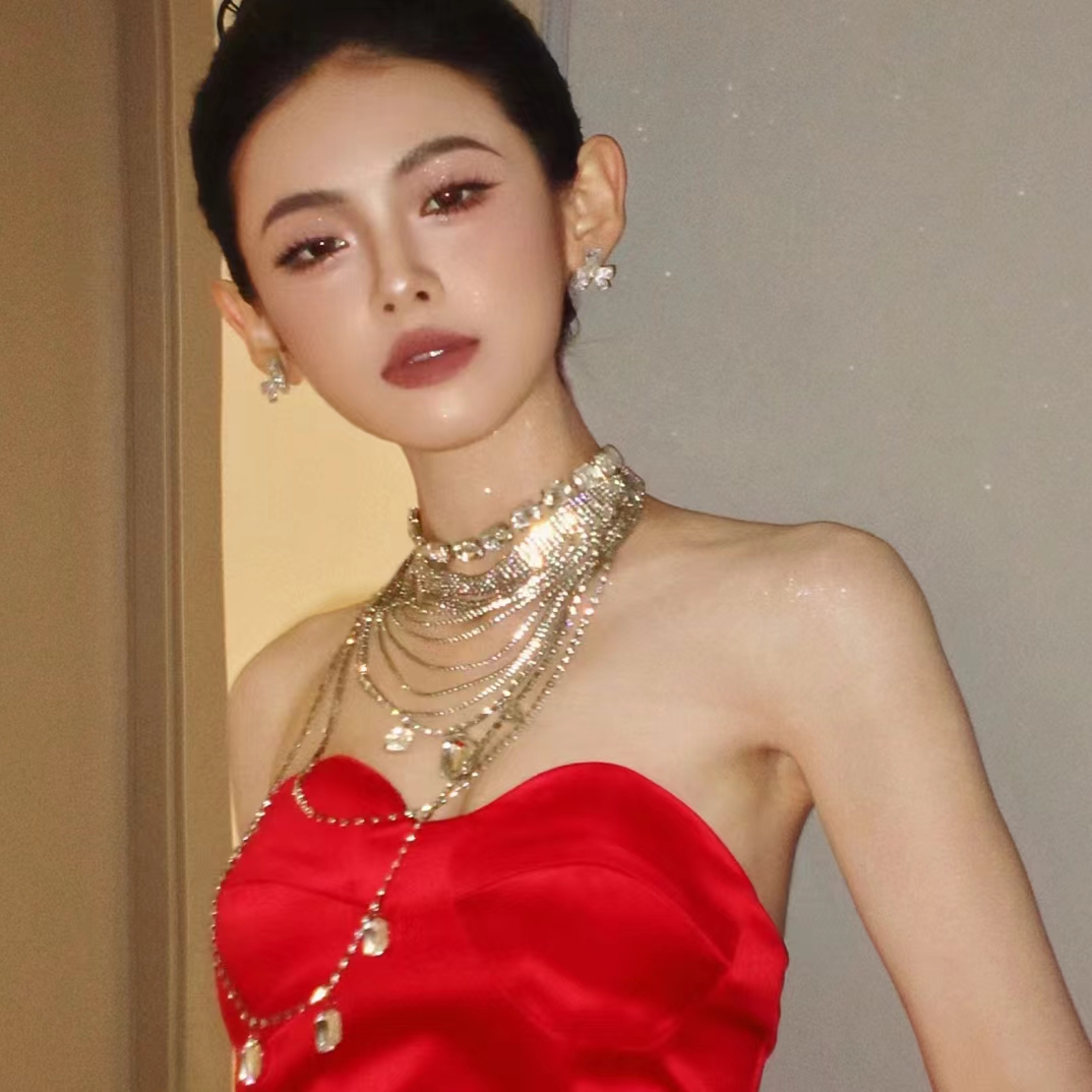 合金仿水晶项链 MT新款彭彭老师同款重工水钻多层礼服配饰