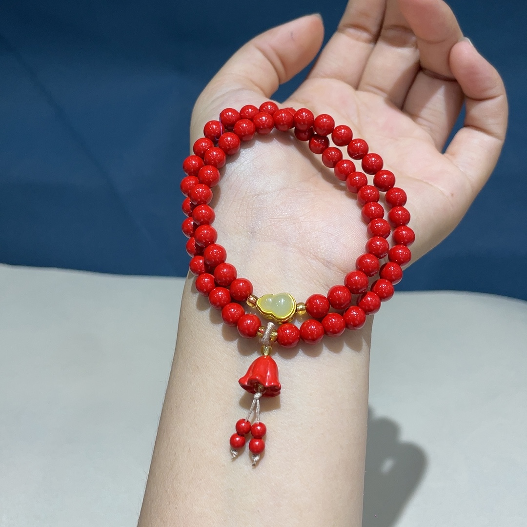 辰砂（处理）朱砂红砂双圈手串搭配铃兰花配件时尚精品女款手串手饰