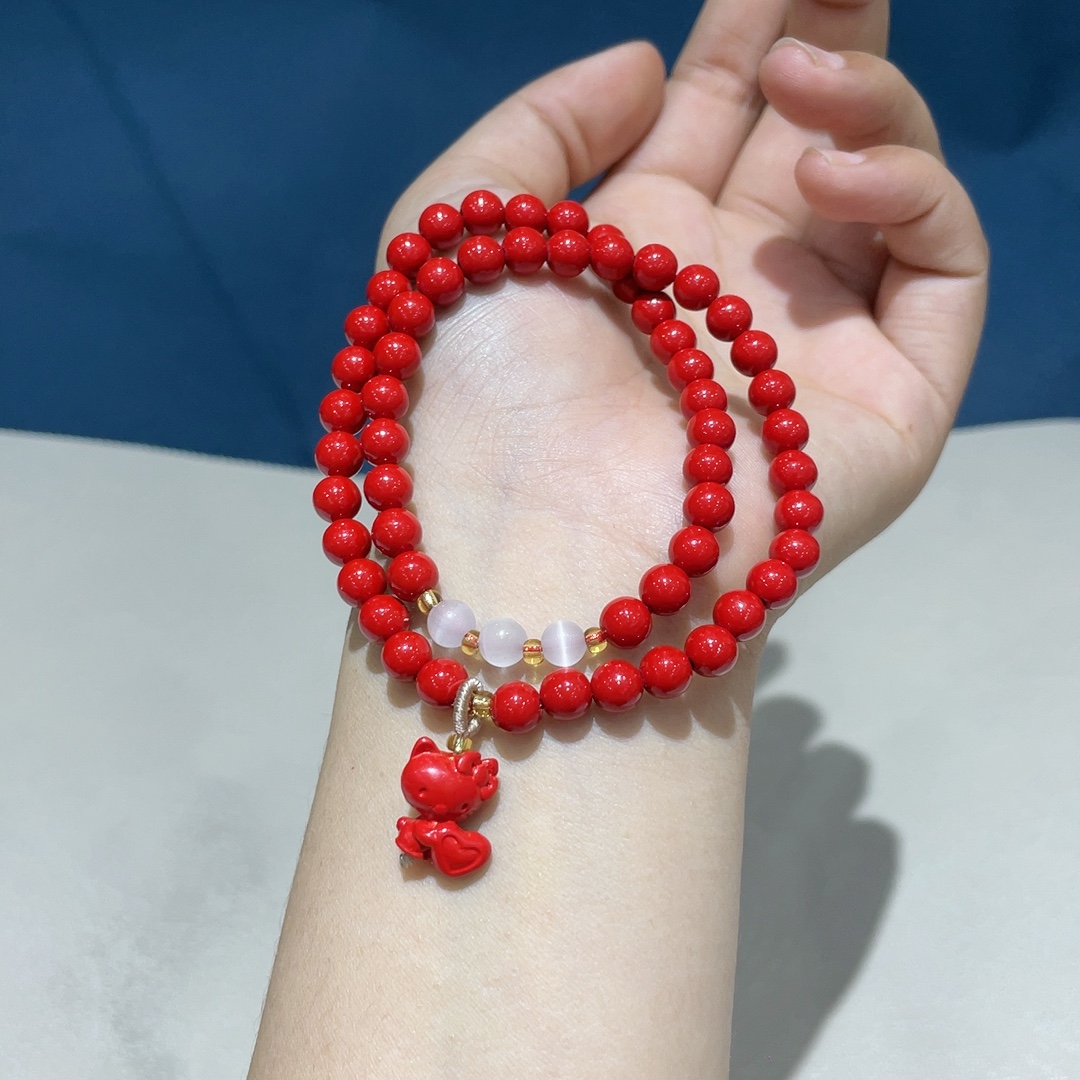 辰砂（处理）朱砂红砂双圈手串搭配kitty猫配饰时尚双圈原创百搭