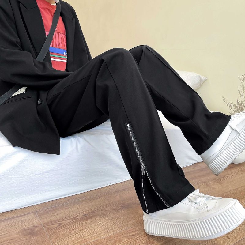 男高级感潮流高街西裤男春秋冬垂感拉链开叉微喇叭