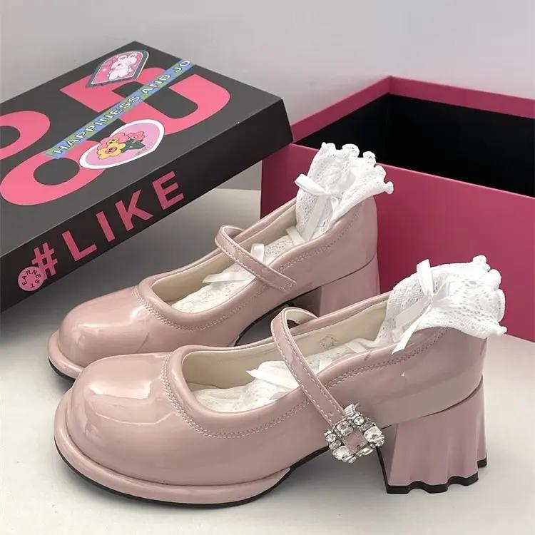 网红爆款粉色厚底粗跟高跟鞋女2023新款夏季百搭法式玛丽珍小皮鞋