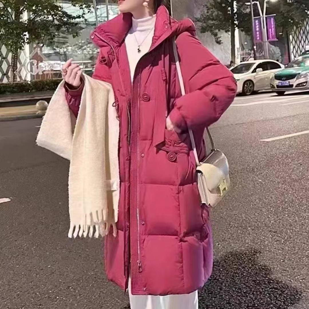 OR0125-玫红色秋冬款保暖连帽羽绒中长款外套