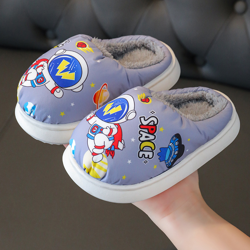 儿童棉拖鞋秋冬季男童女童防水羽绒布室内软底卡通宝宝男女孩拖鞋