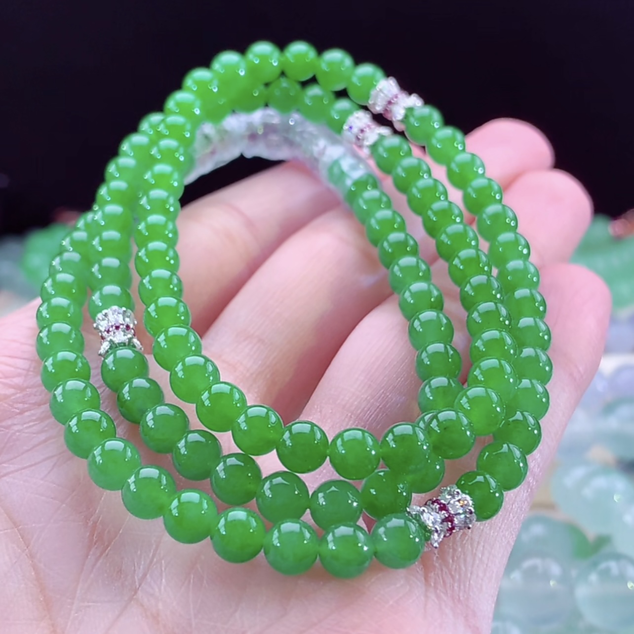 缅甸天然A货翡翠珠链 满绿辣阳绿项链 卡5+