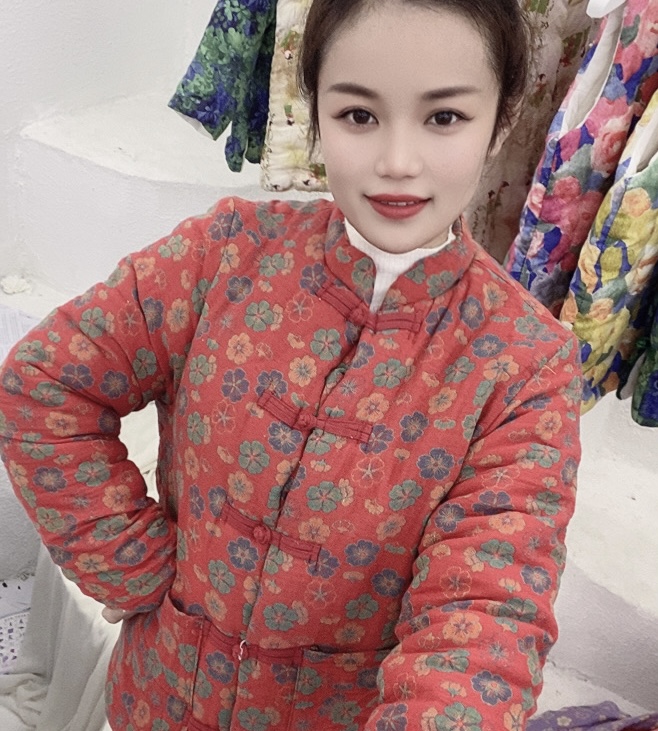 女士碎花双层纱对襟棉花棉袄