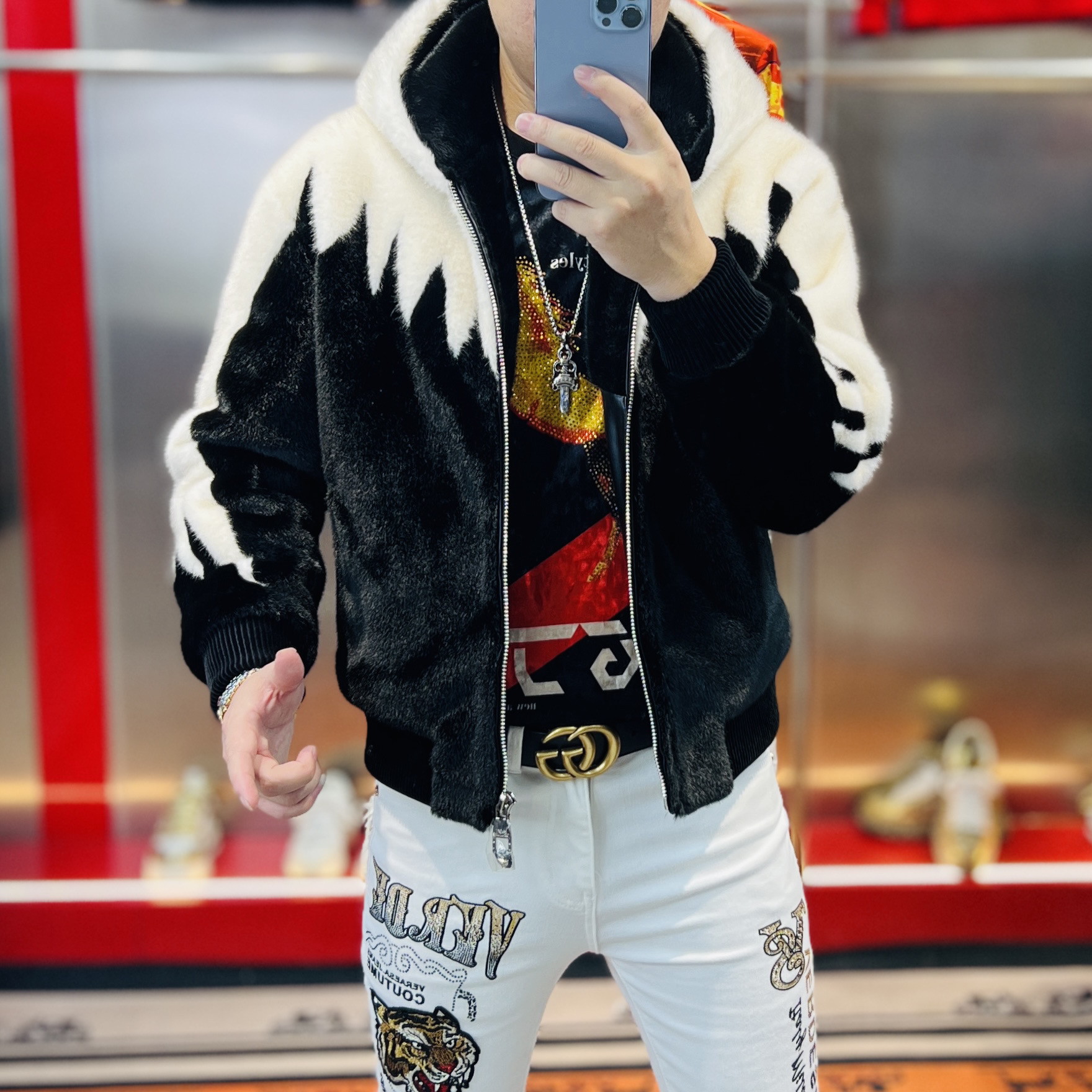 冬季新款男士时尚潮牌轻奢连帽加厚百搭痞帅大翅膀毛外套夹克