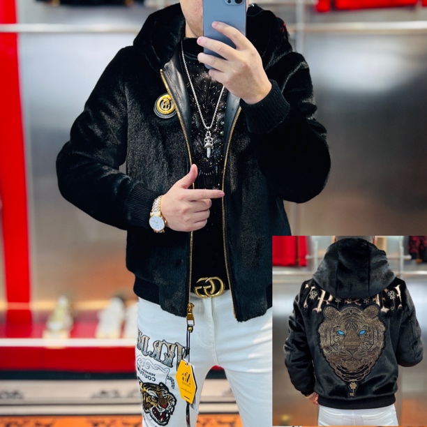 欧货冬季新款时尚个性高定烫钻连帽刺绣休闲大虎头毛外套夹克潮
