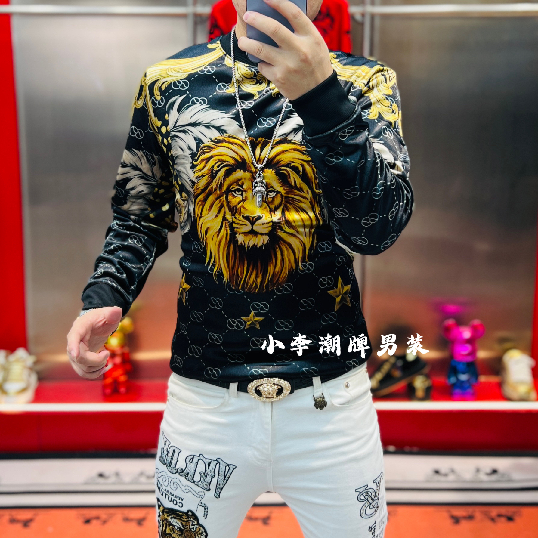 秋冬新款男士圆领提花狮子头时尚潮流百搭个性压花长袖加绒卫衣潮