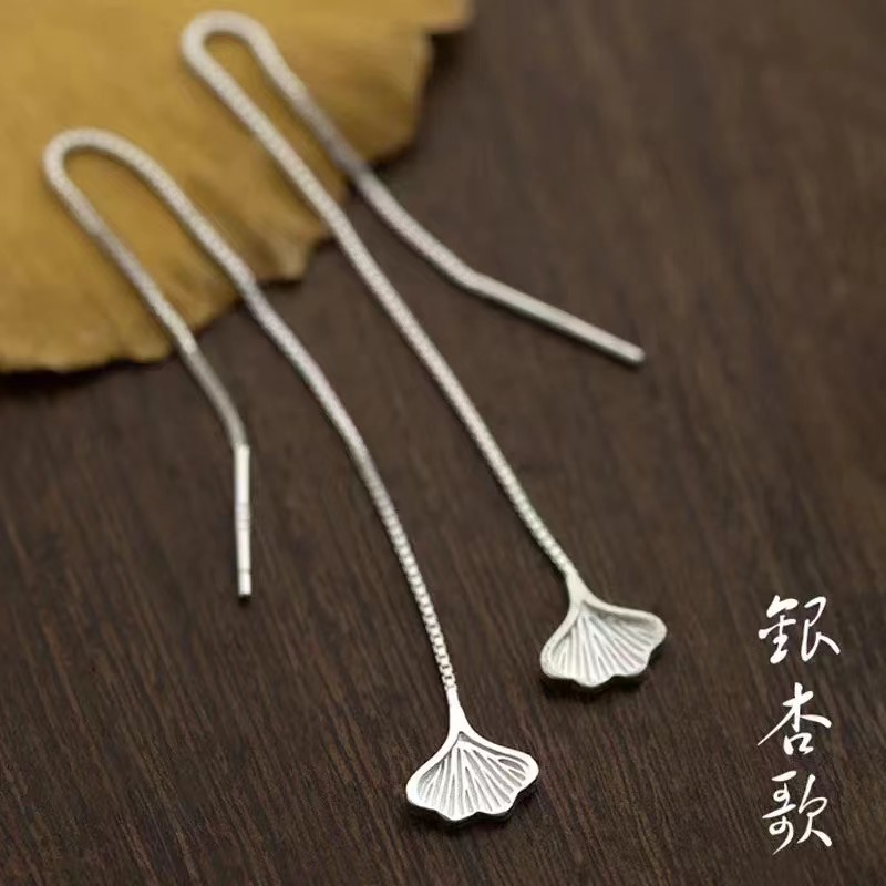 足银耳饰 足银耳线 【银杏叶耳线】9公分长 足银990 编号A174