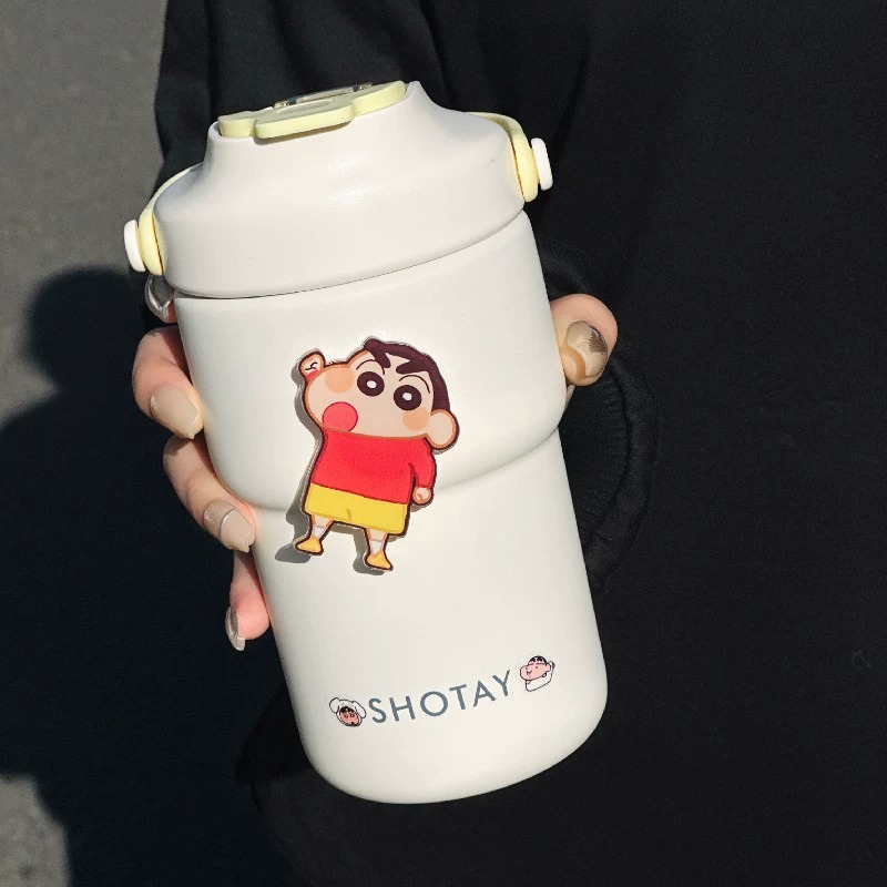 蜡笔小新双饮咖啡保温杯316L不锈钢男女高颜值水杯学生便携吸管杯