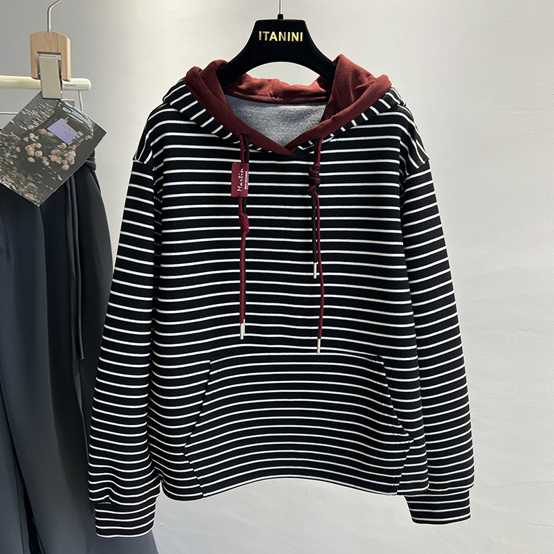 连帽卫衣外套女2024秋装新款宽松拼接设计感oversize条纹卫衣上衣