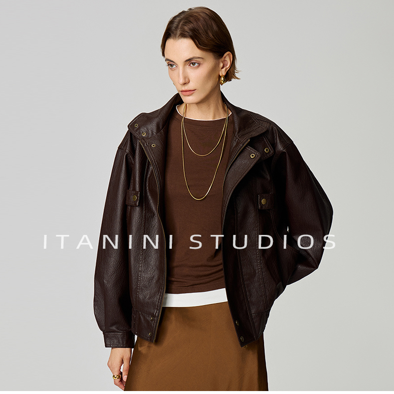 复古棕色皮衣外套女2024秋装新款高级感纹理宽松显瘦机车PU皮夹克