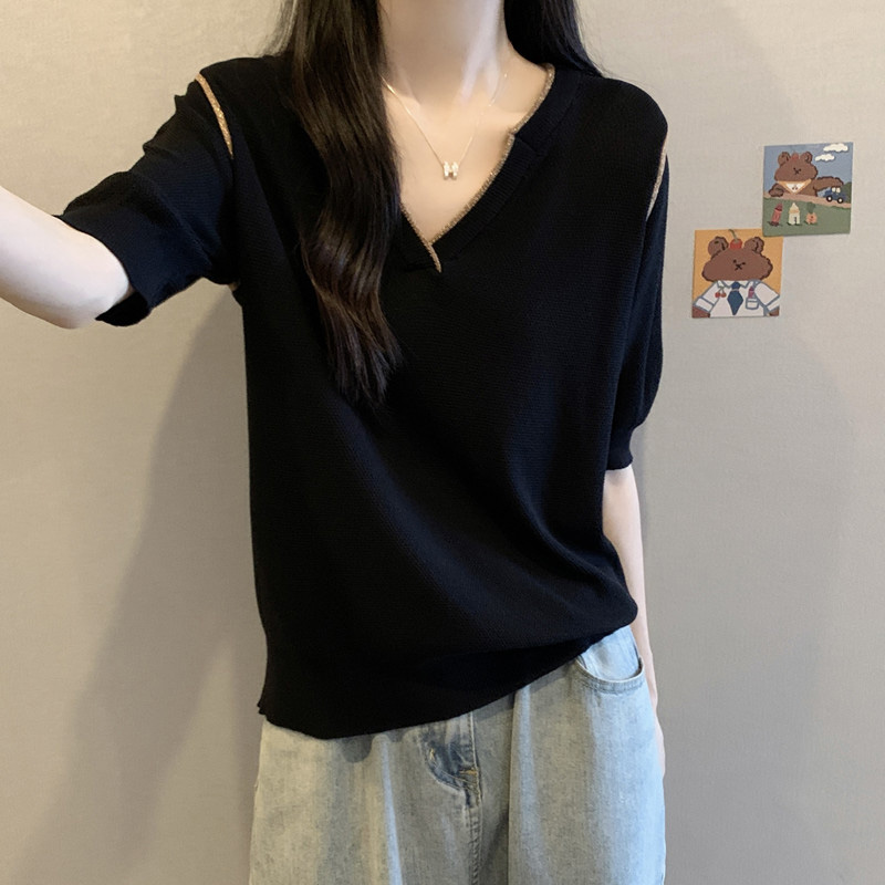 大码女装遮肚子冰丝短袖针织打底衫女夏季胖妹妹洋气百搭薄款上衣