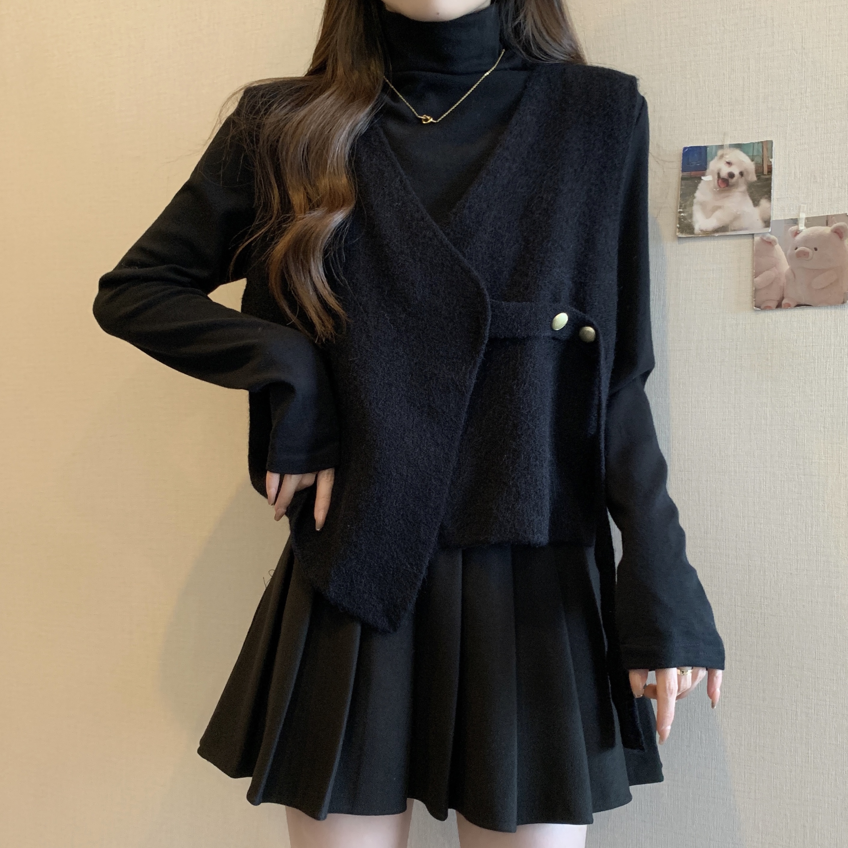 大码遮肚子小香风毛呢马甲两件套女秋冬胖妹妹显瘦内搭T恤打底衫