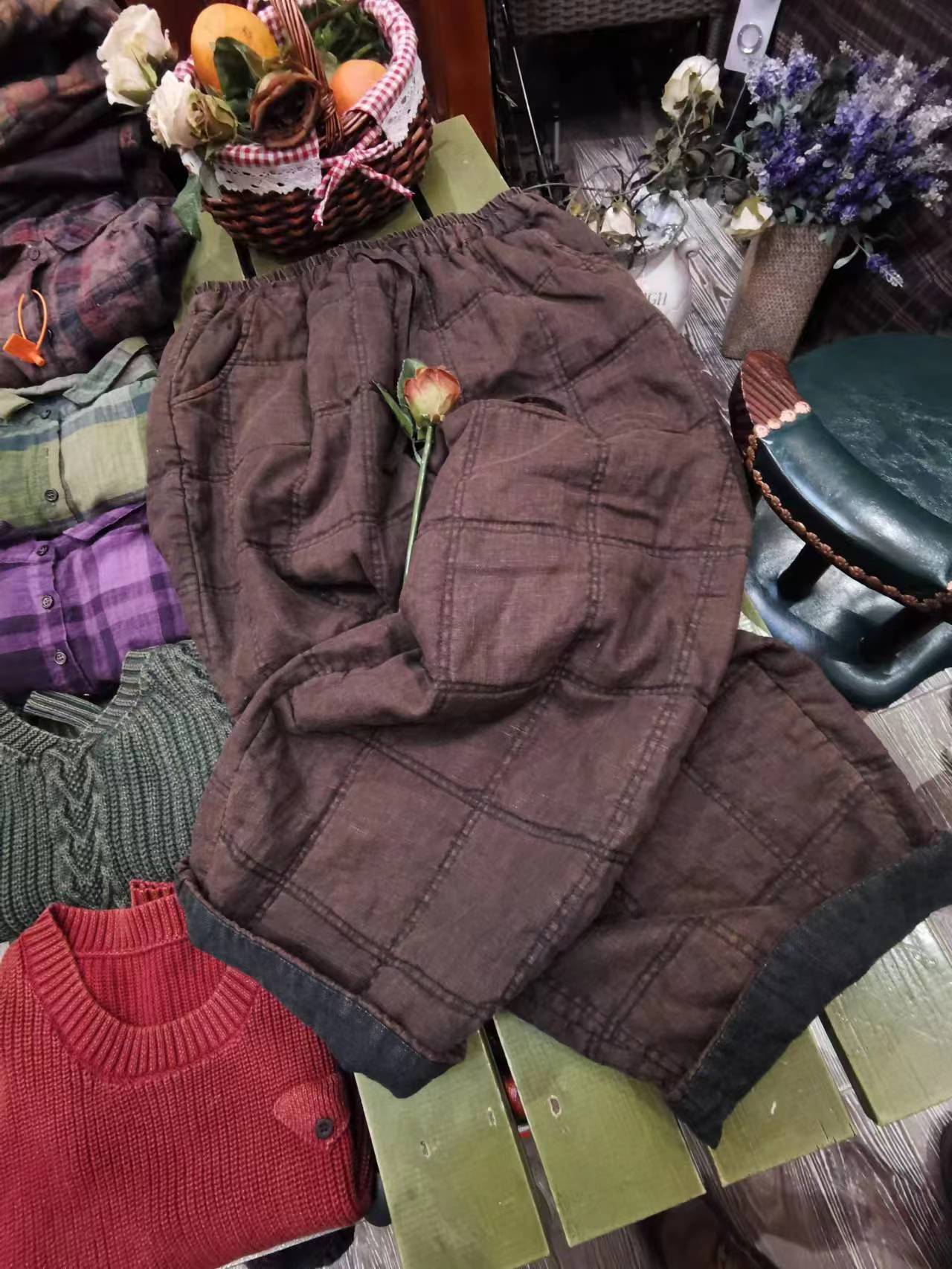 行线棉裤宽松复古立体兜棉裤