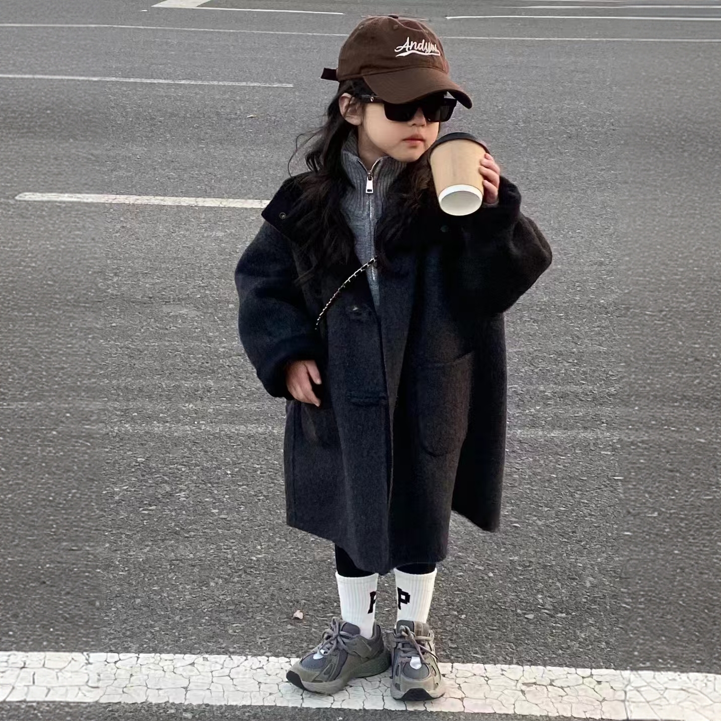 秋冬韩版连帽宽松中长款中性风双面羊毛大衣儿童