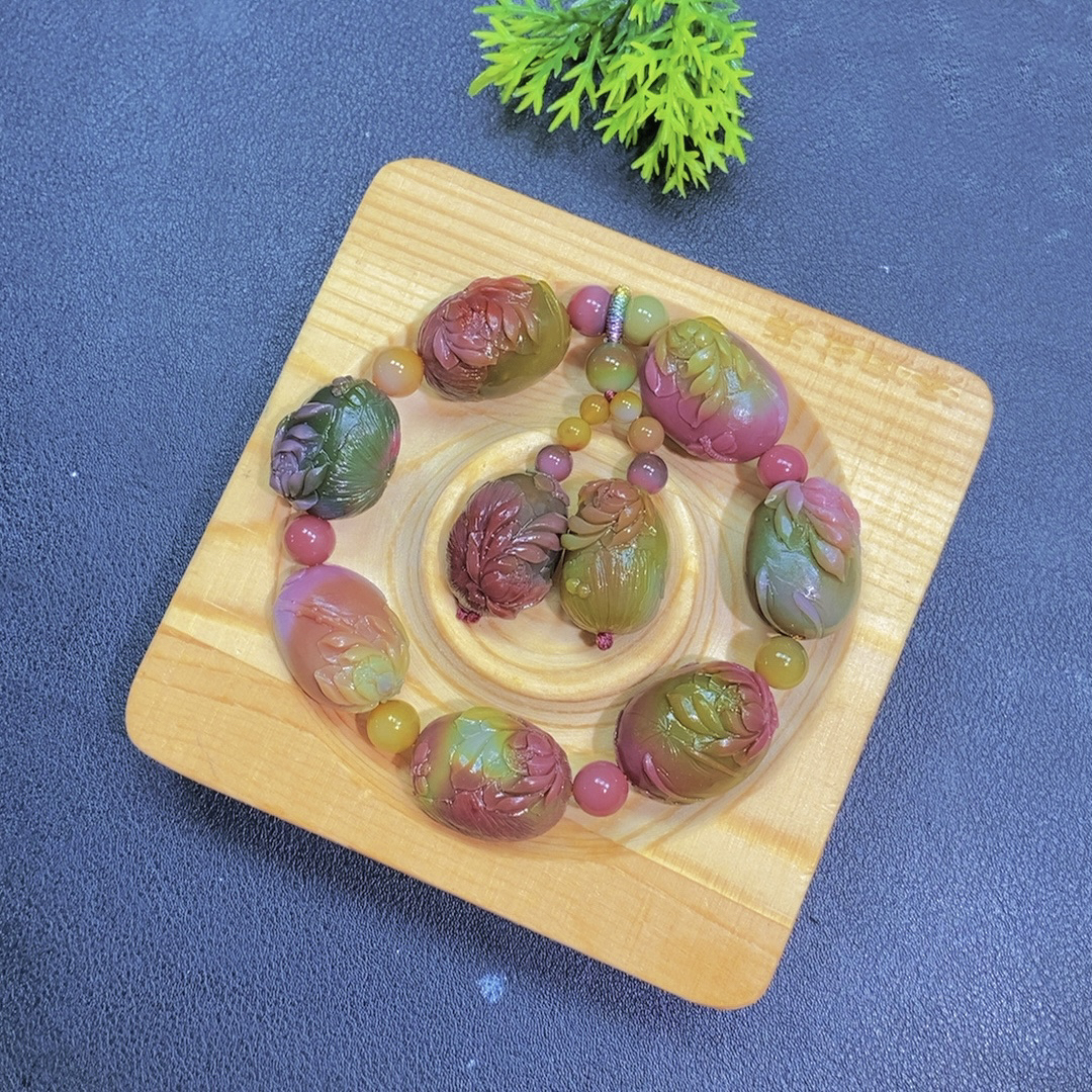 大凉山盐源玛瑙苏工雕刻牡丹花珠荷花珠吊坠锁骨手串手链单圈男女