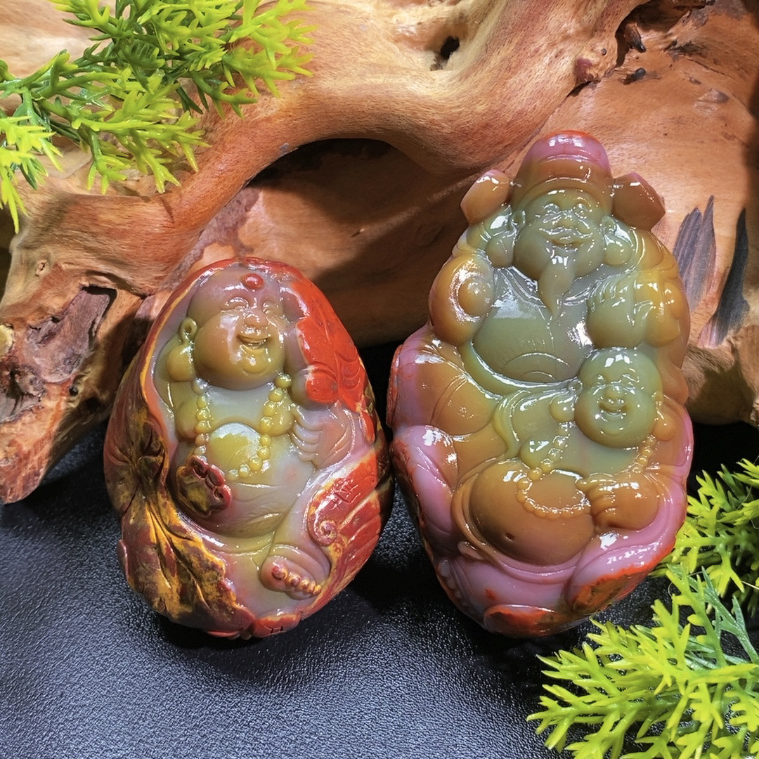 天然盐源玛瑙包浆料苏工雕刻弥勒佛财富一生收藏摆件吊坠手把散珠