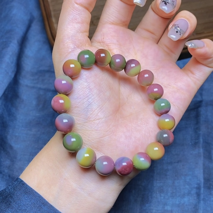 天然四川凉山七彩盐源玛瑙炫彩色艳丽圆珠手串手链手持男女款送礼