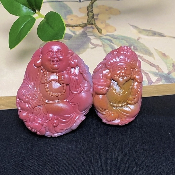 天然四川凉山七彩盐源玛瑙苏工雕刻弥勒佛财爷吊坠摆件手持送礼