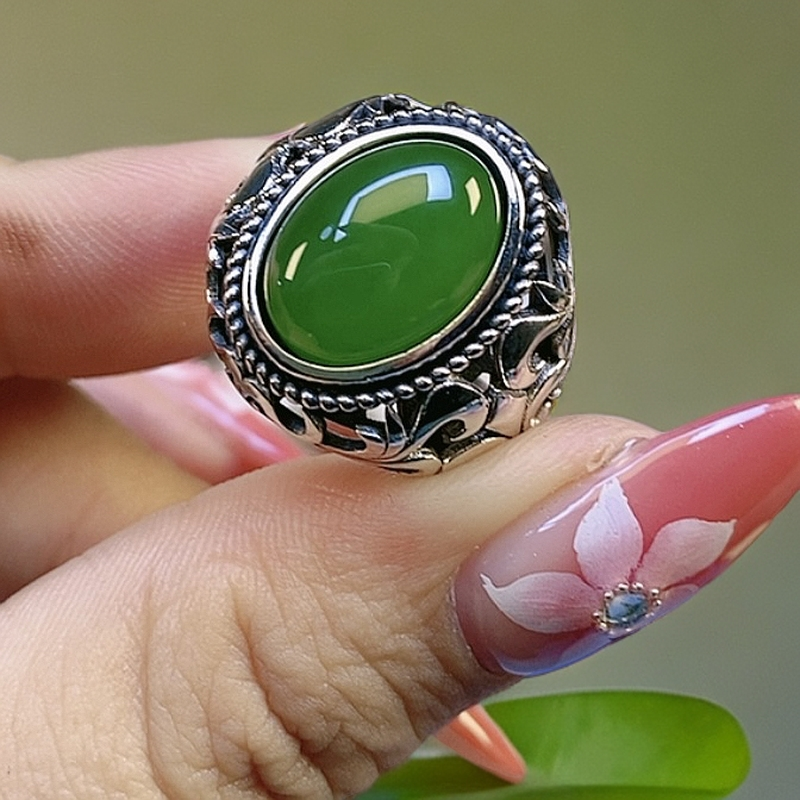 S925银天然和天田玉碧玉克罗心戒指