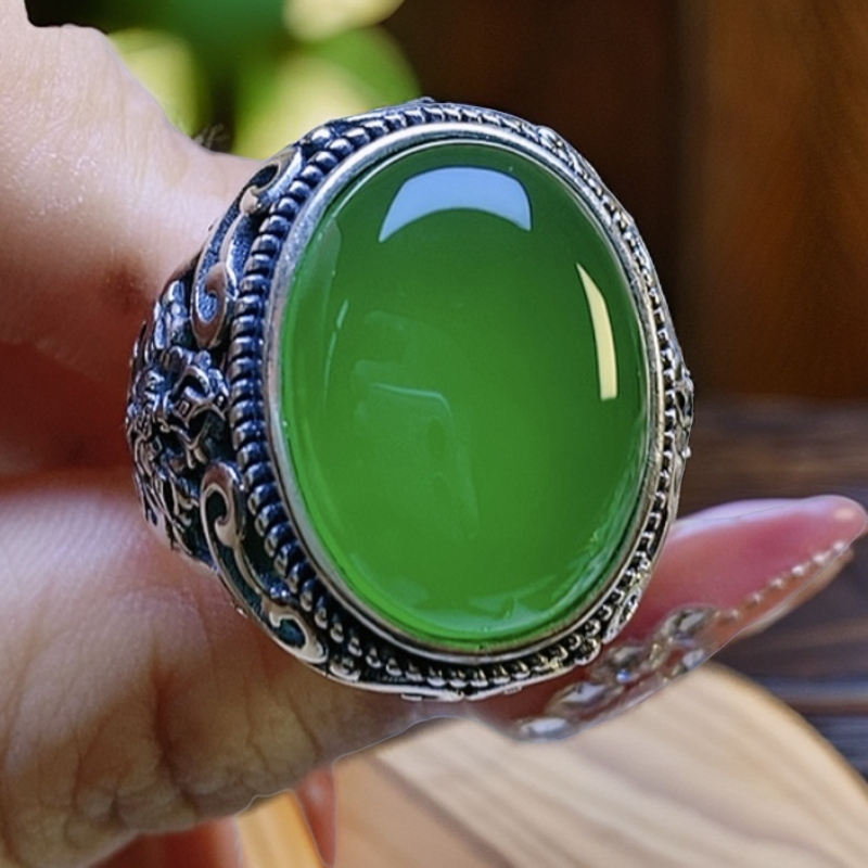 S925银重工天然玉髓翠绿色大鸽子单面霸气十足大号