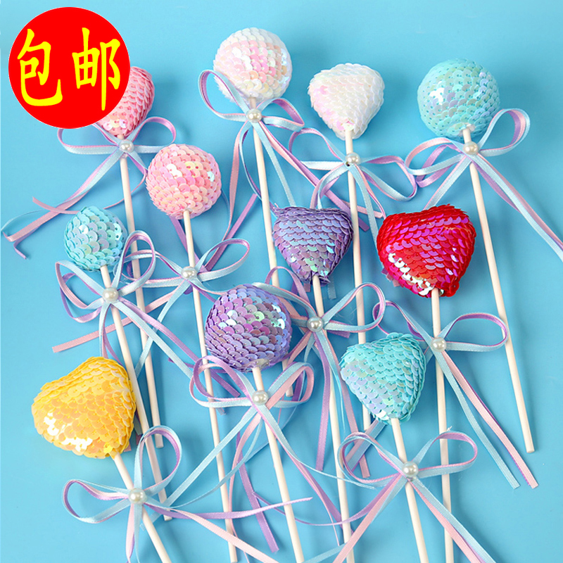 圆形爱心亮片彩球插牌生日蛋糕装饰丝带蝴蝶结派对甜品台装扮插件