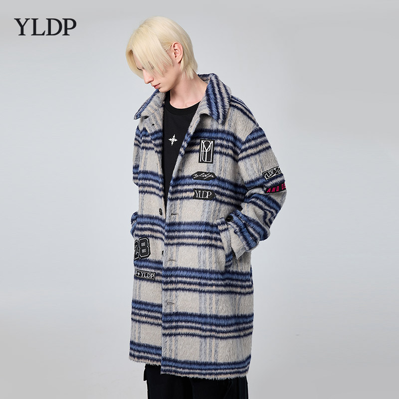 YLDP高街潮牌蓝灰格子刺绣徽章绣复古毛呢大衣