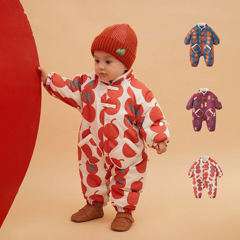 优选2023新年冬新款男女宝宝夹棉新年连体衣儿童外出爬服拜年服洋