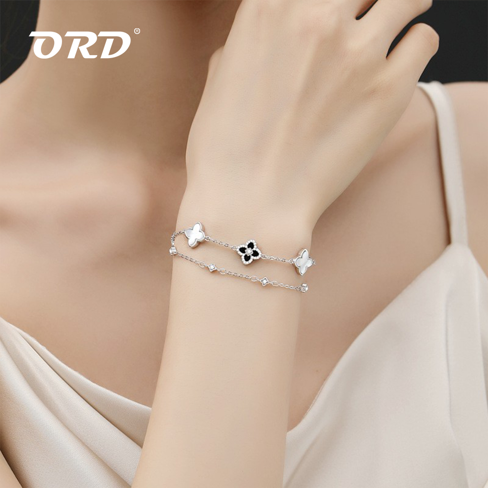 925银合成锆石手链 四叶草五花双层手链女ins风韩版黑白冷淡礼物