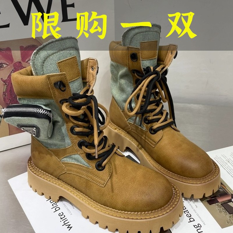 红蜻蜓牌马丁靴女2023年新款真皮做旧擦色牛仔布沙漠大黄靴工装