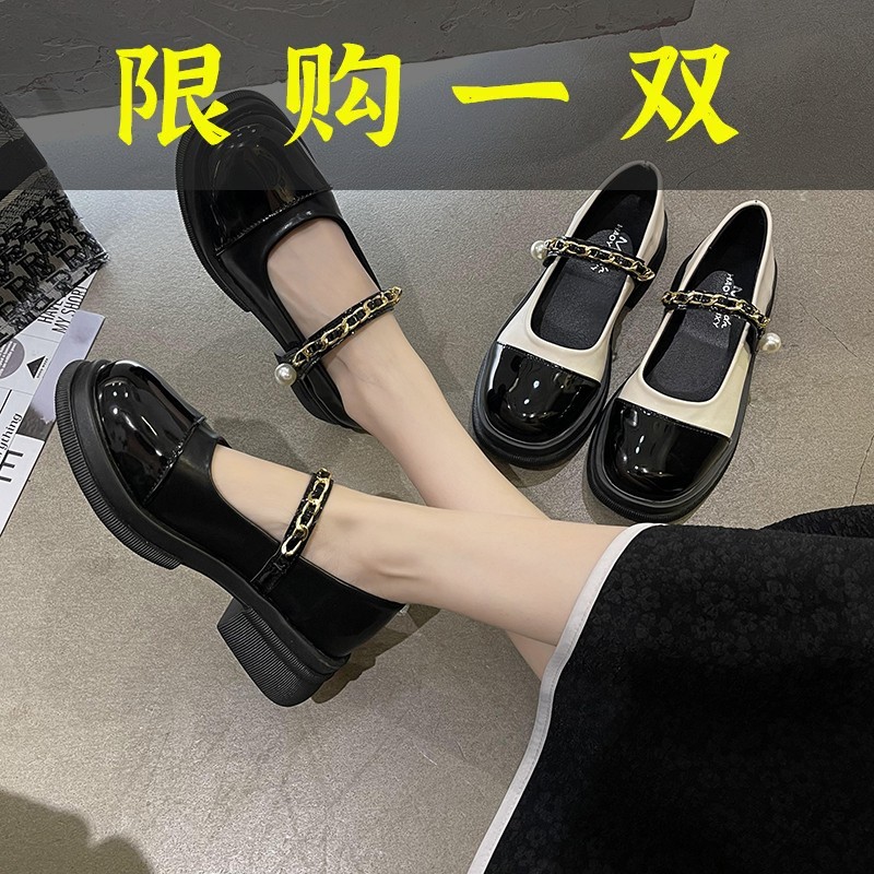 红蜻蜓牌玛丽珍鞋女2023年春季新款英伦风拼色珍珠魔术贴粗跟小