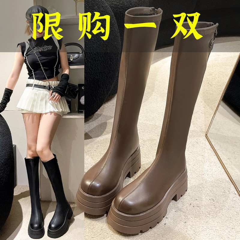 红蜻蜓牌小个子百搭厚底骑士靴英伦风秋季粗跟弹力瘦瘦靴长筒靴