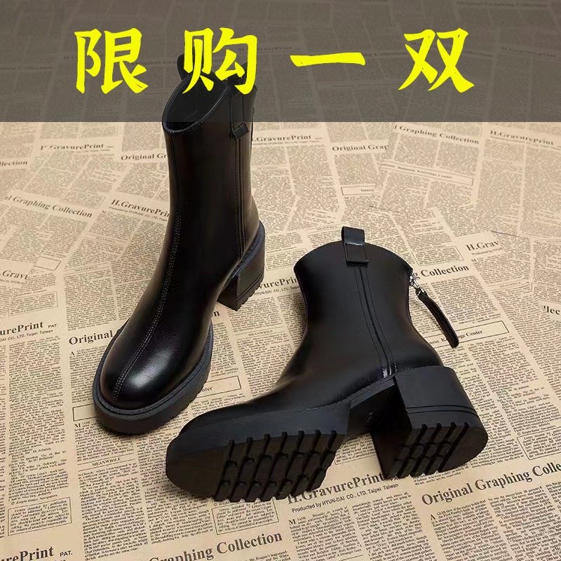 红蜻蜓牌厚底粗跟短靴女马丁靴2023秋冬新款韩版百搭奶茶色高跟